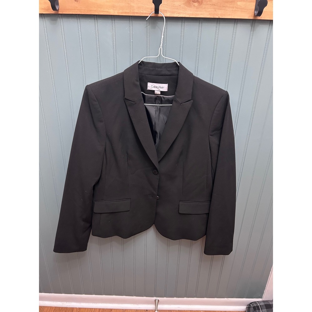 Calvin Klein Womens Black Two Button Scalloped Hem Blazer Jacket Size 12